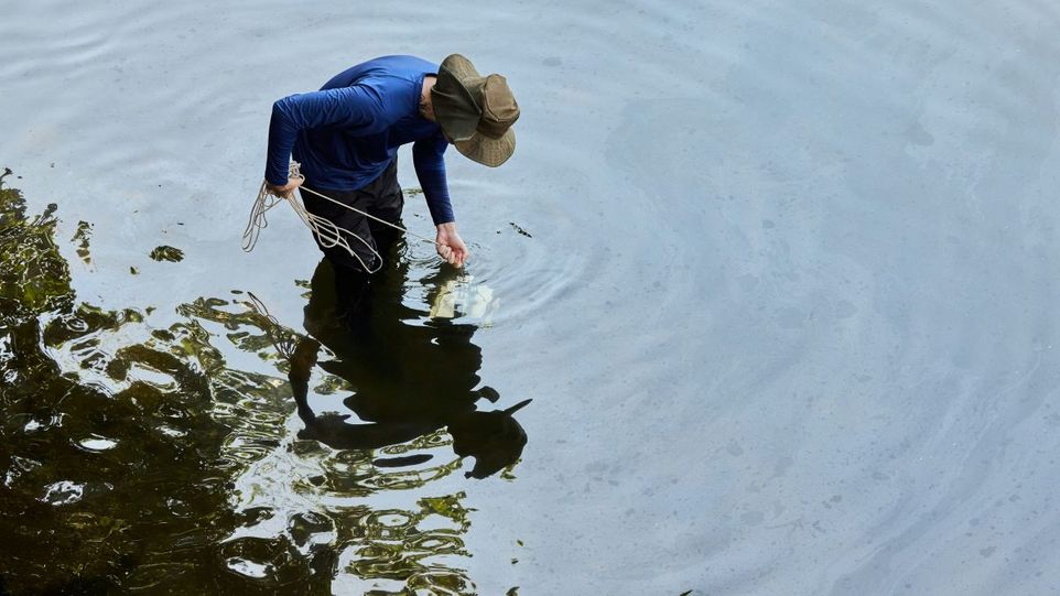 Mann lässt einen Kasten an einem Seil ins Wasser