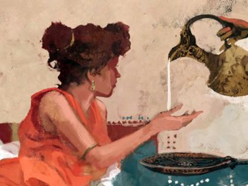 Painting showing woman reaching for water jug